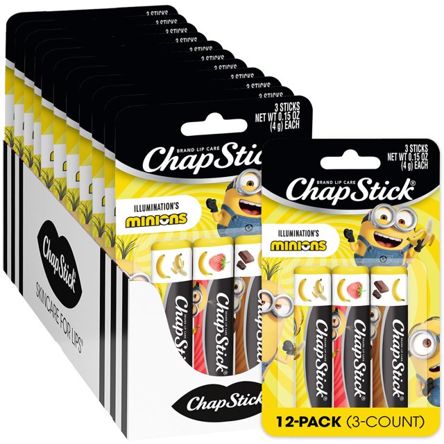 Set de bálsamo labial ChapStick Minions, 12 plátanos, 3 paquetes, fiesta infantil