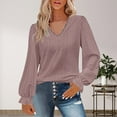 thumbnail image 2 of Womens T Shirts Long Sleeve Ladies Tops Fall Lace V Neck Puff Eyelet Blouses Casual Hot Pink M, 2 of 5