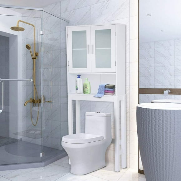 Giantex Wooden Over The Toilet Storage Cabinet, Home Bathroom Space Saver, Double Doors, Adjustable Shelf Organizer, Open Storage Shelf, Freestanding Toilet Storage Rack Unit
