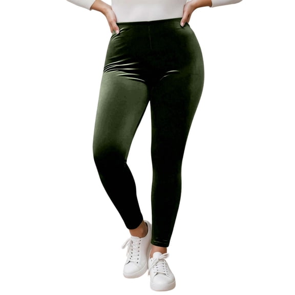 IWRICH Women Velvet Leggings Soft Stretch Warm Winter Pants Solid Basic Velour Trousers Green XL