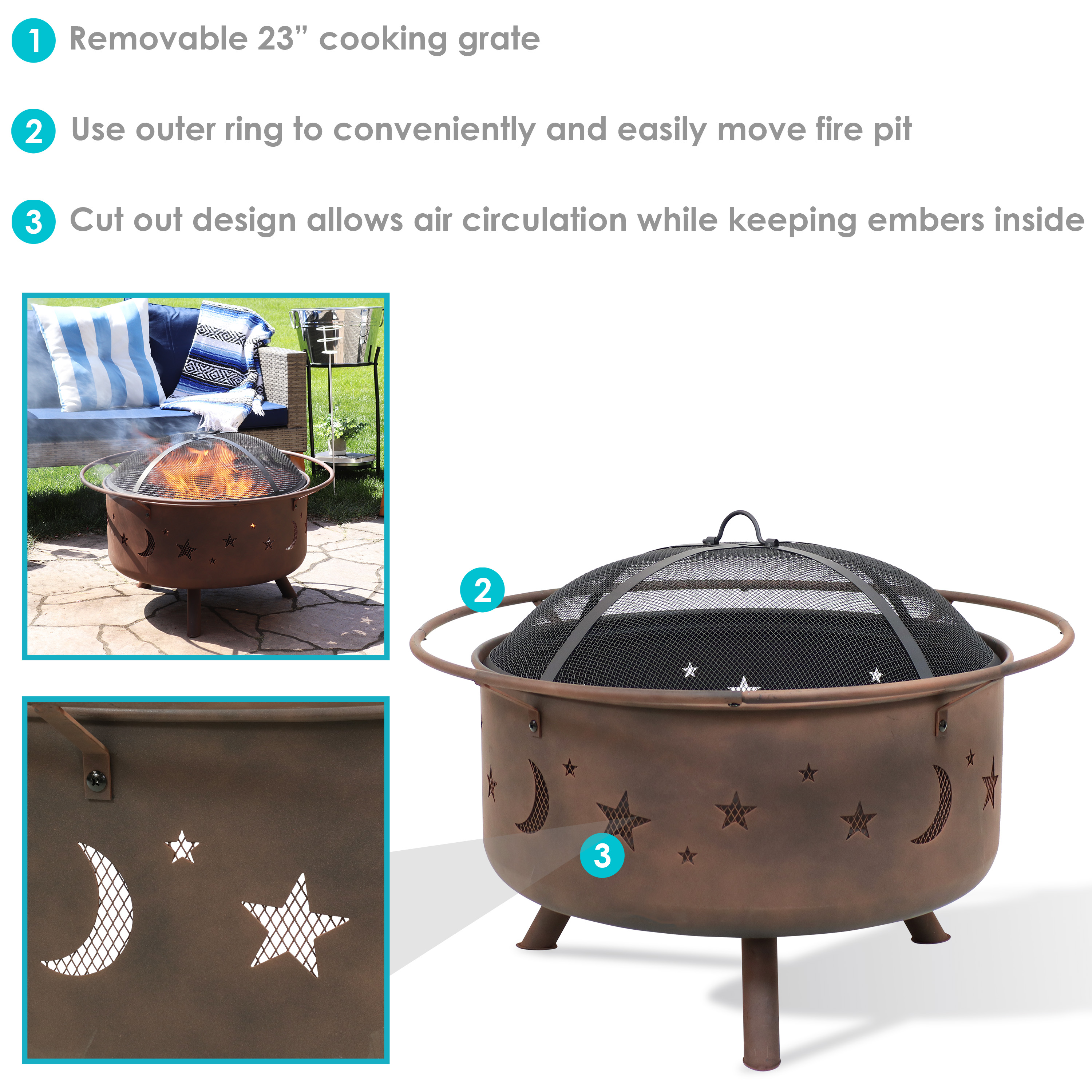 Sunnydaze Cosmic Outdoor Fire Pit 30 Inch Round Bonfire Wood Burning Patio Backyard Firepit For Outside With Cooking Bbq Grill Grate Spark Screen And Fireplace Poker Celestial Design Walmart Com