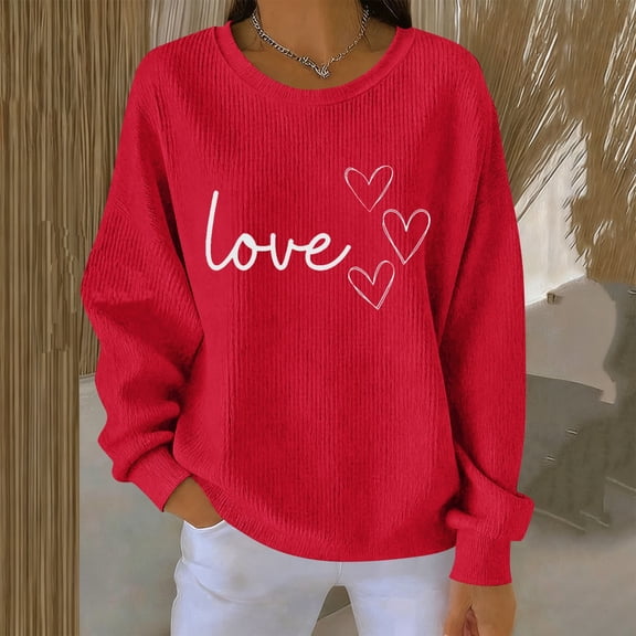 Feancey Graphic Sweaters for Women Cute Love Heart Print Pullover Tops Holiday Casual Long Sleeve Crewneck Sweater Ribbed Knit Jumpers Red L