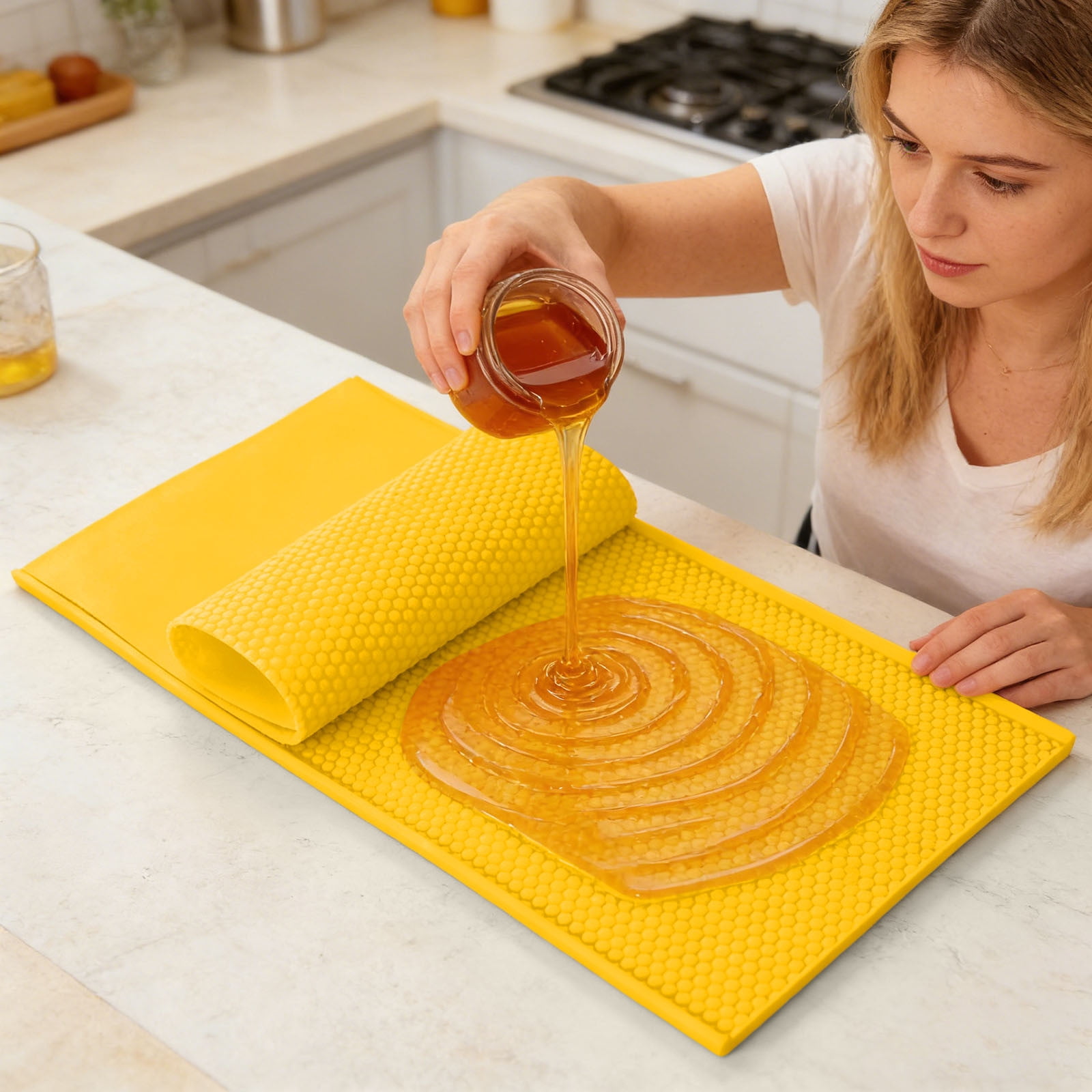 Silicone Beeswax Foundation Press Mold with Honey Scraper, 5.4mm Honeycomb 2 Sheets Non-Stick Reusable for Beekeeping and Candle Making Supplies (Yellow)