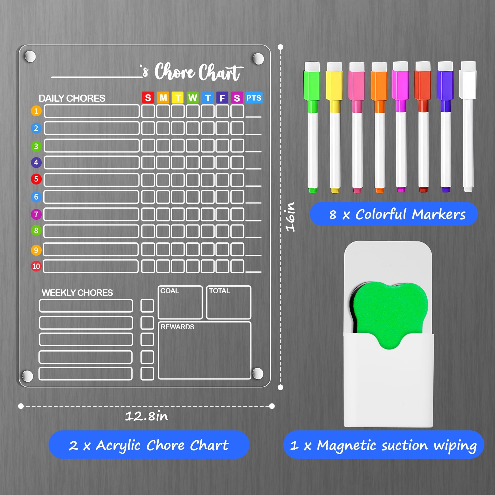 BrilhoGlee 2 Pack Acrylic Magnetic Chore Chart for Kids, 16"x12" Dry Erase Reward & Behavior Board, Magnetic Calendar for Fridge, Reusable Daily Routine Chart for Multiple Kids