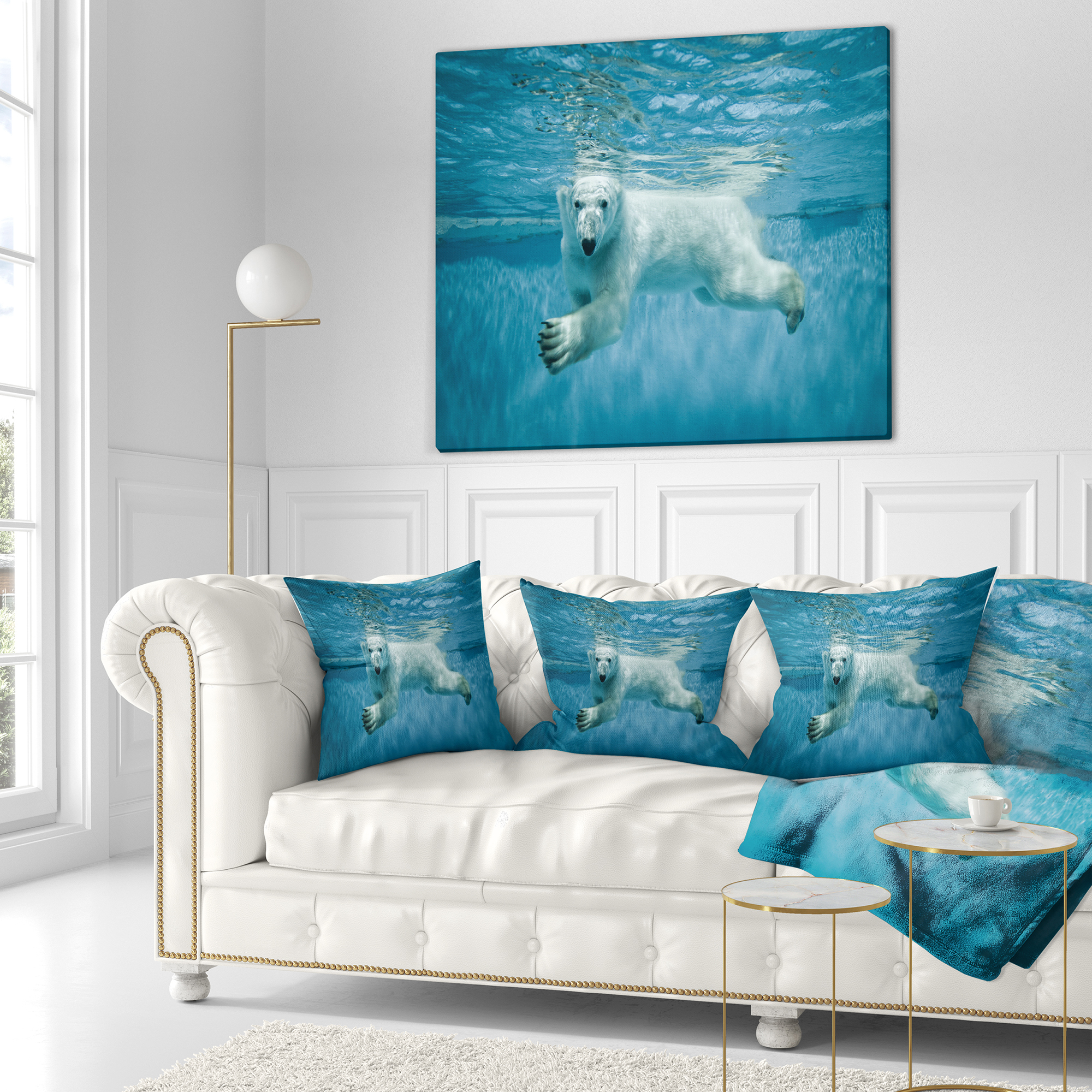 Designart Polar Bear Swimming under Water - Animal Throw Pillow - 16x16