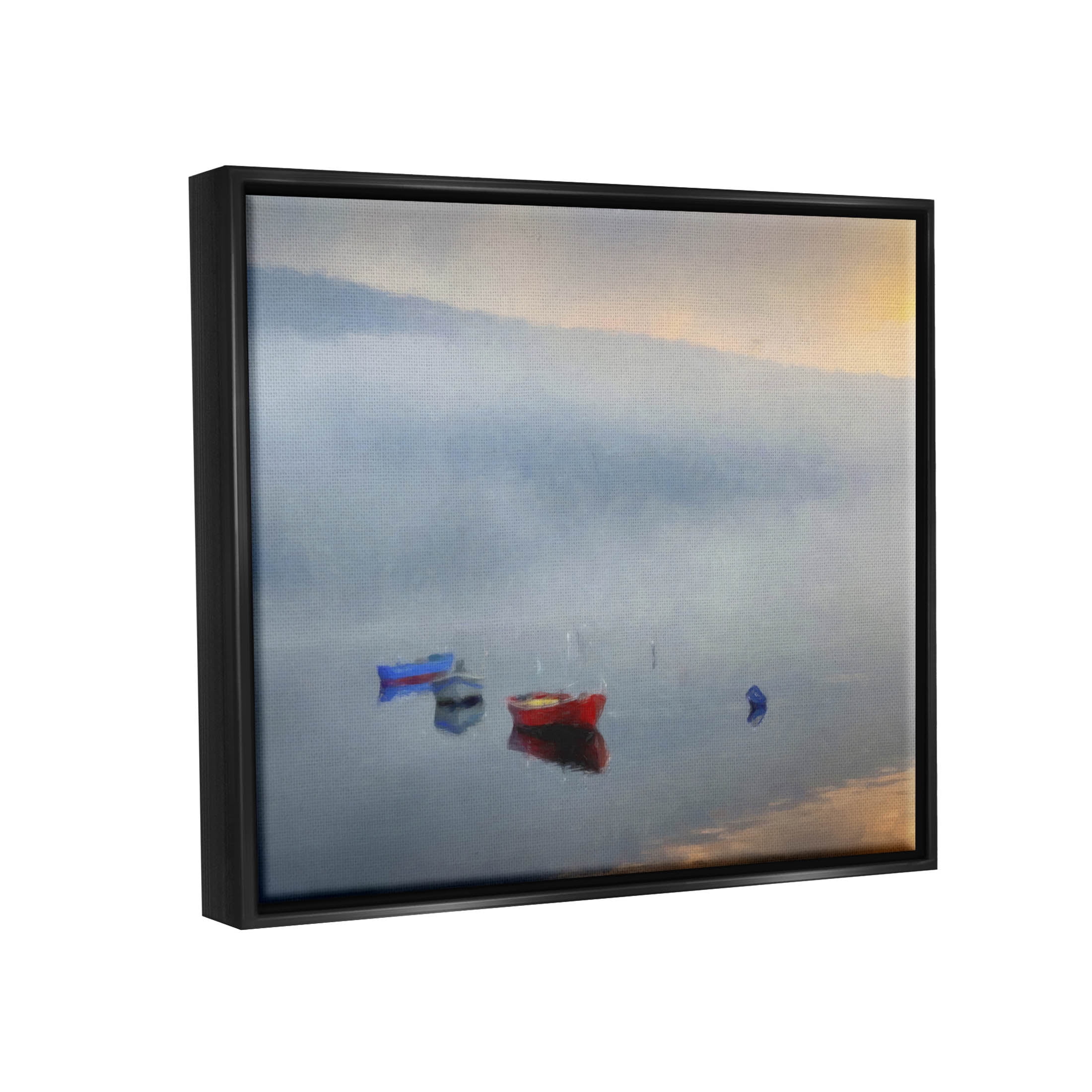 Misty Lake Canoes Fog Scene Landscape Painting Jet Black Framed Art Print Wall Art