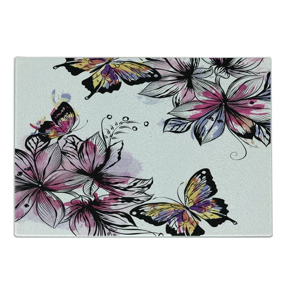 Floral Cutting Board, Flower Blooms Botany Bouquets Colorful Butterflies Paintbrush Watercolor Print, Decorative Tempered Glass Cutting and Serving Board, Small Size, Multicolor, by Ambesonne