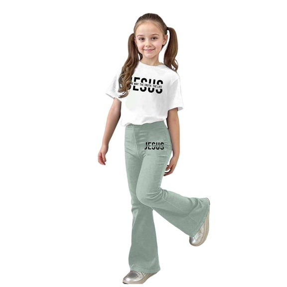 G`irls Clothes 2 Piece Cute Jesus T-shirt & Flared Pants/Cargo Pants Spring Outfits for Teen G`irls 5-14Y