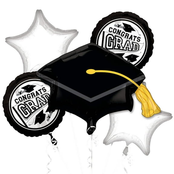 Anagram Be True To Your School Colors Graduation Bouquet 5pc Foil Balloons, White Black