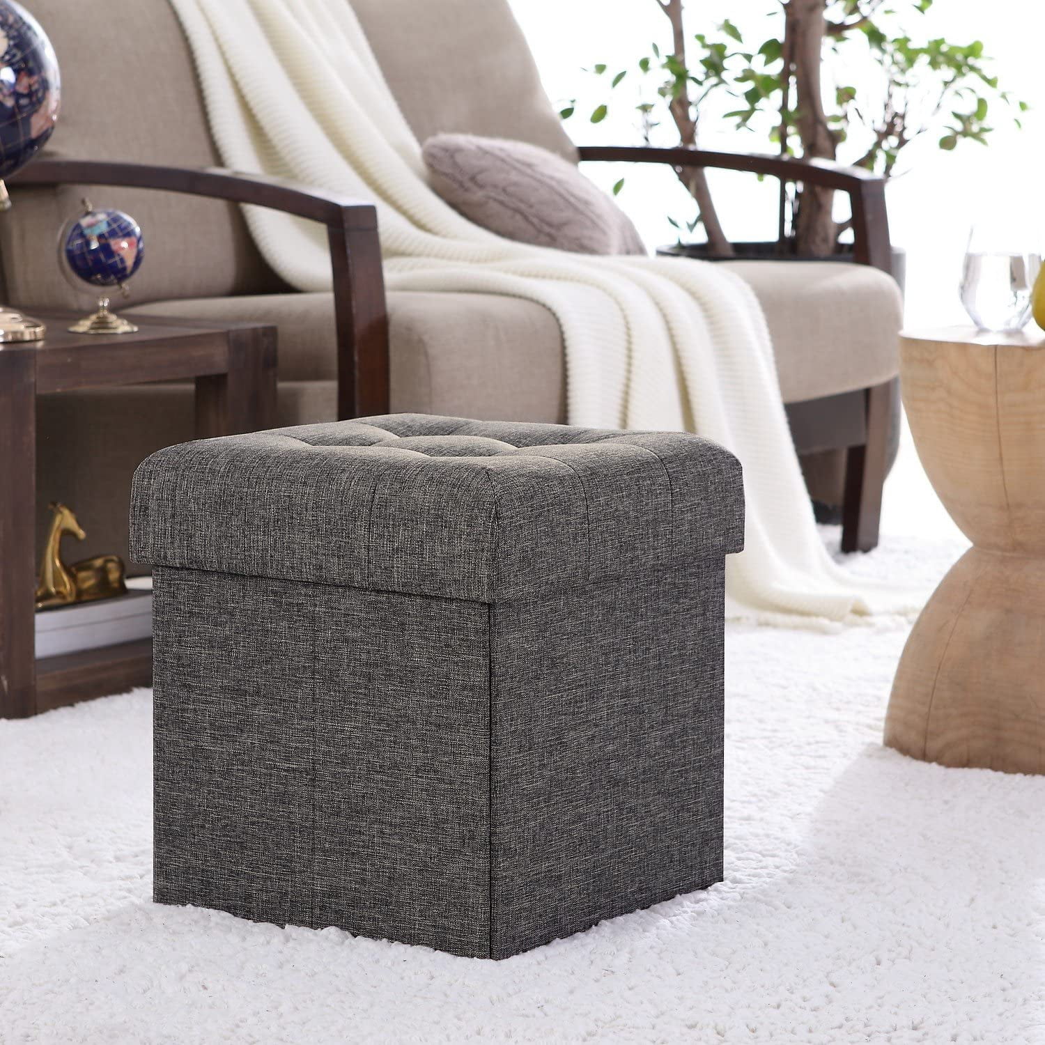 Ornavo Home Foldable Tufted Linen Storage Ottoman Cube Foot Rest Stool Seat - 15" x 15" (Charcoal Gray)