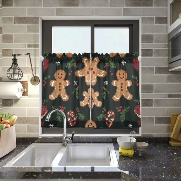 Gingerbread Men Leaves Kitchen Curtains Half Tier Curtain 2 Rod Pockets Bathroom Bedroom Cupborad Living Room 27"x24"