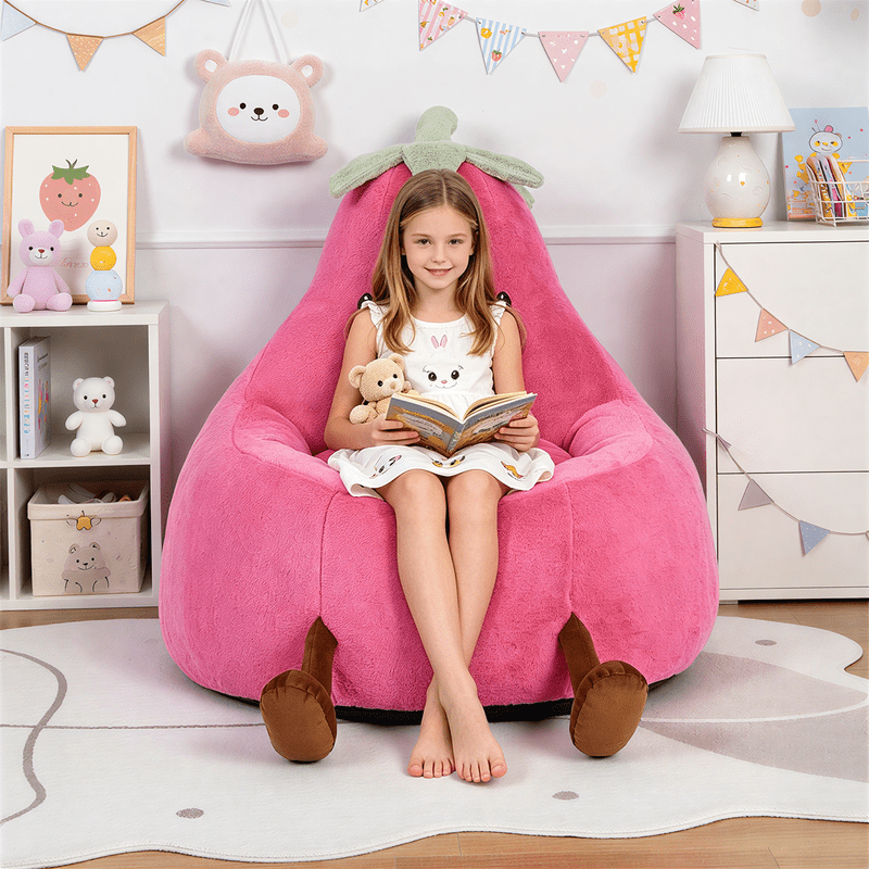 Simple Deluxe 2.5 ft Kids Bean Bag Chair, Faux Rabbit Fur Round Sofa with Handle and Washable Cover, Rose