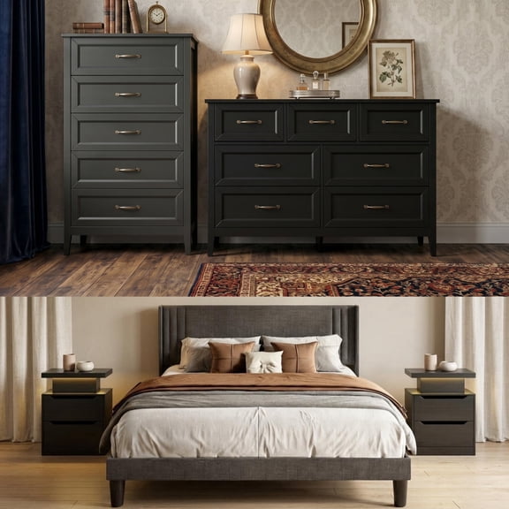 Asofer Black Queen Bedroom Furniture Set with Wingback Headboard, 2 Nightstands, 5 & 7 Drawer Dressers