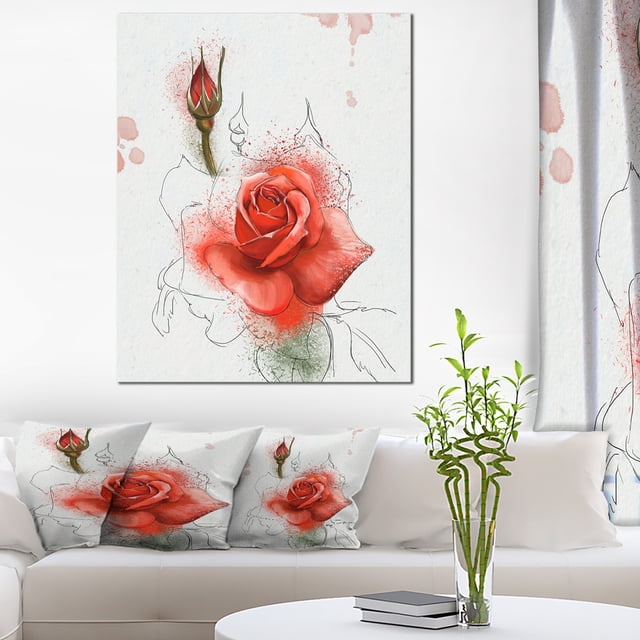 Red Watercolor Rose Sketch - Floral Canvas Art Print