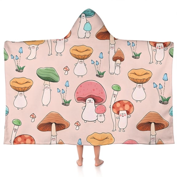 Pink Mushroom Cartoon Light Pattern Hooded Bath Towel,50"x30" for Ages 3 To 12 Kids, Quick Dry Lightweight Soft Microfiber Hood Beach Towel Cover Up for Kids