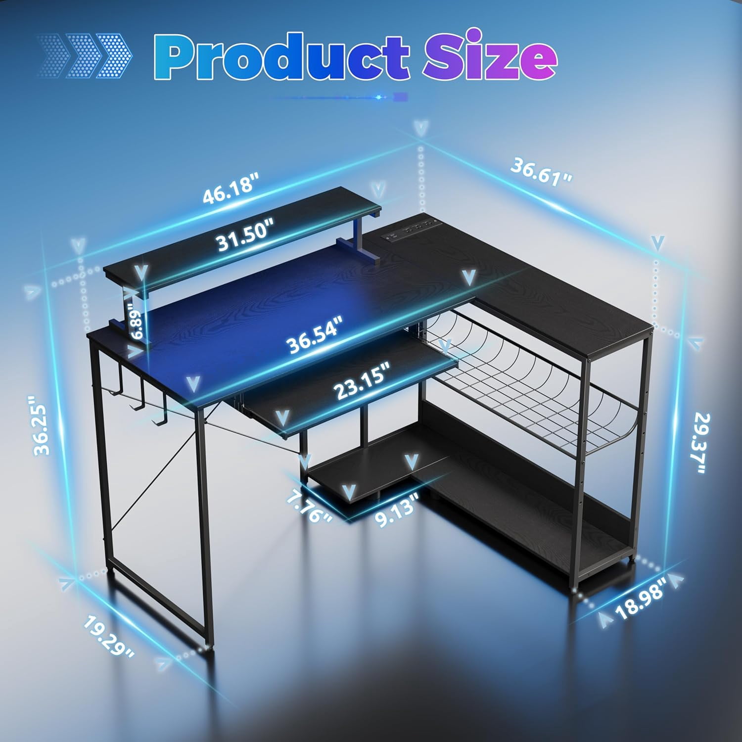 FANRAL L Shaped Computer Gaming Desk with Monitor Stand,LED Light & USB Power Outlet,Reversible Shelves Corner Desk with Keyboard Tray for Home Office Study,Black Computer Desk