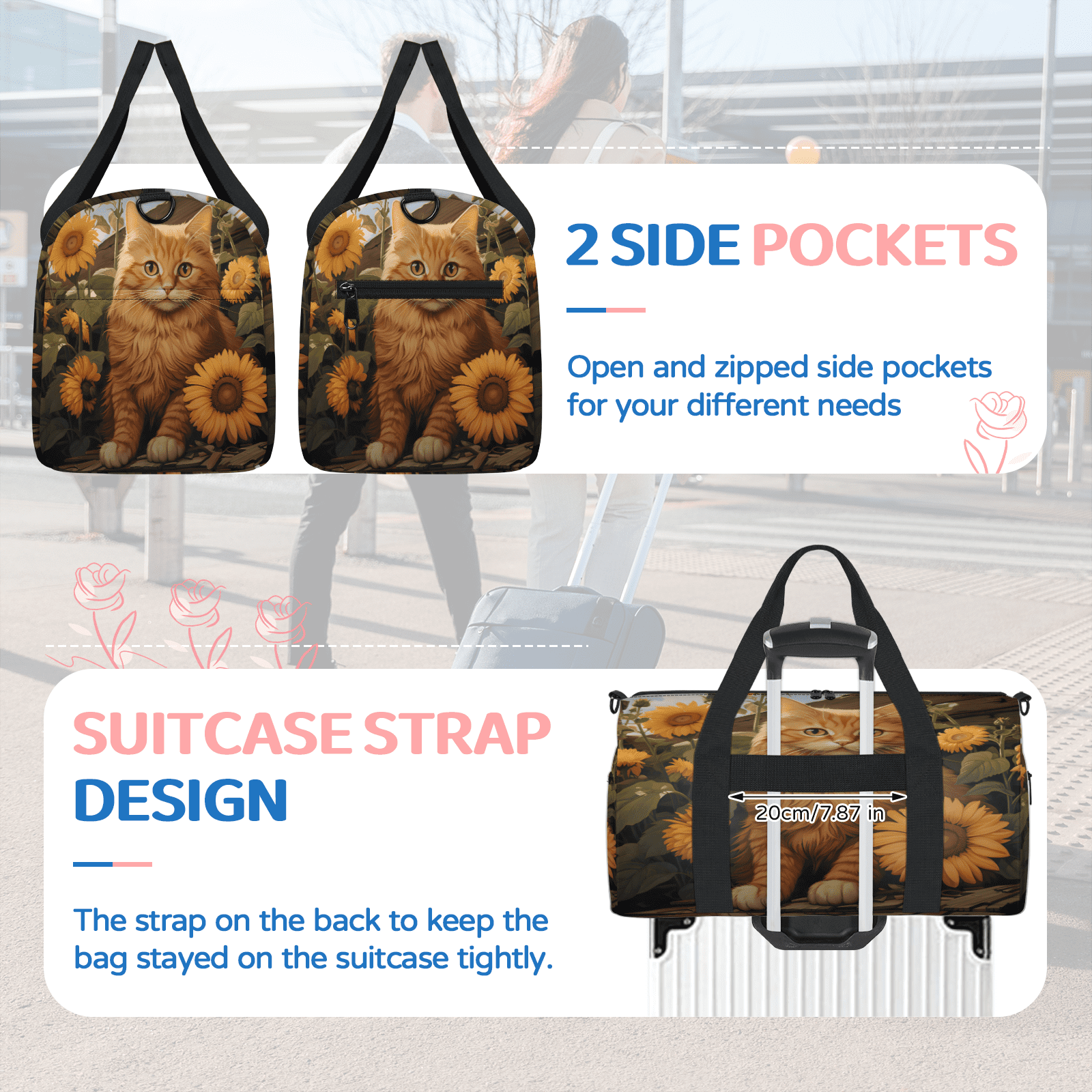 Herdesigns Yellow Cat Sunflower Gym Bag for Women, Duffle Bag for Travel Sport, Lightweight Waterproof Carry on Weekender Overnight Dance Yoga Workout Bags