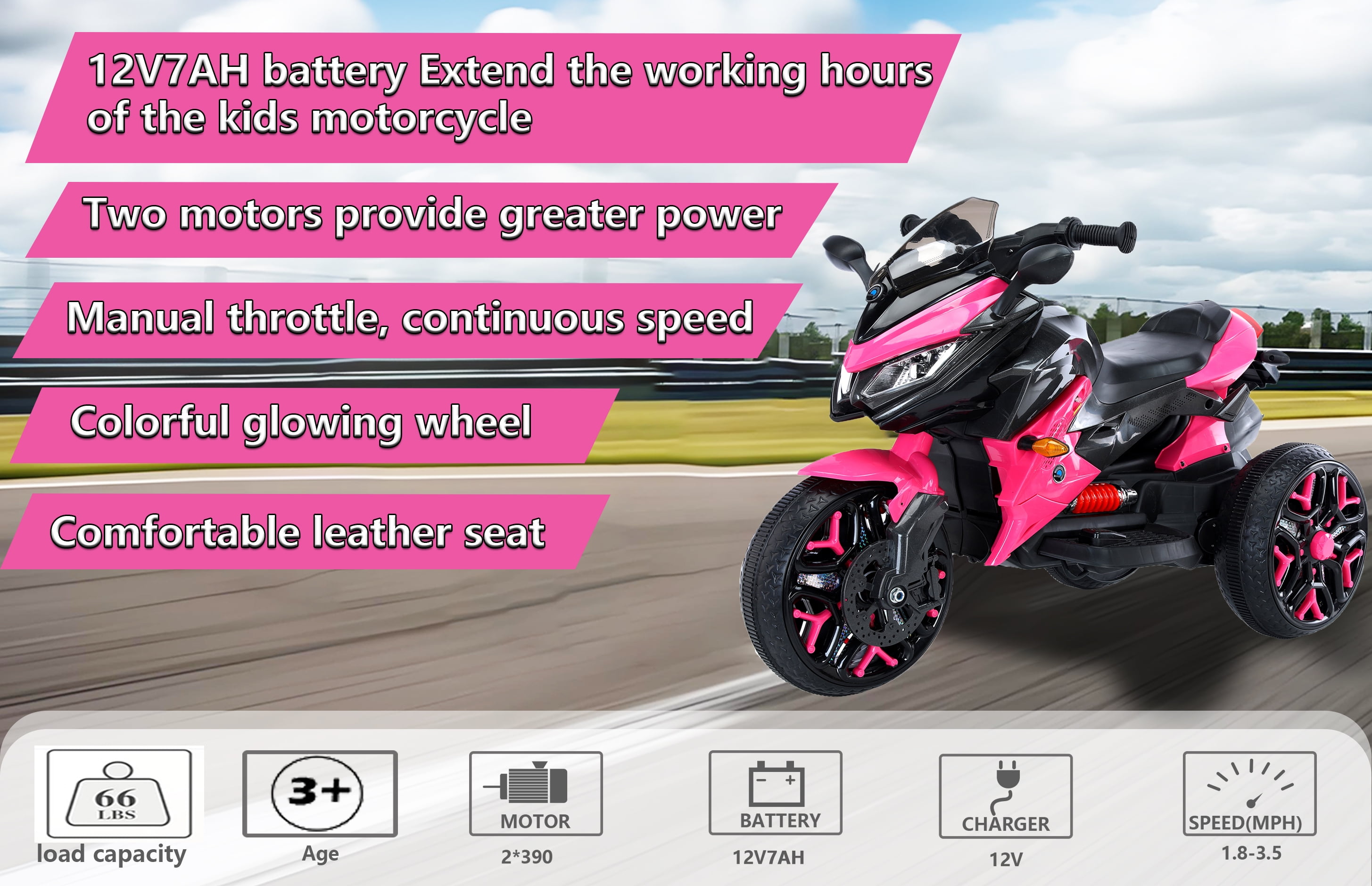 TAMCO 12V Electric Motorcycle Ride-On, Pink, for Kids 3-6 Years, Plays Music