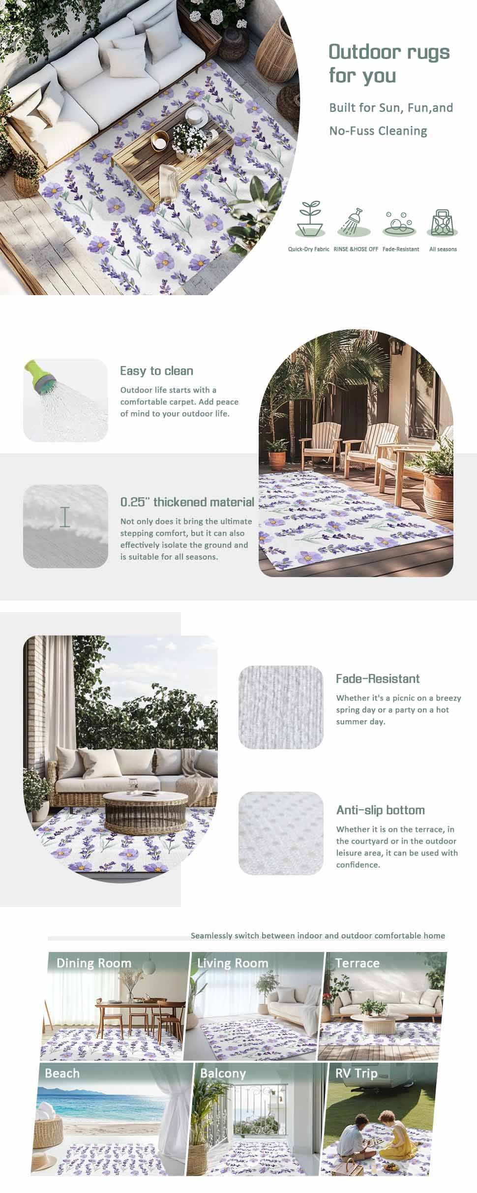 Lavender Floral Outdoor Rug 6x9 Ft - Reversible Patio Rug Outdoor Camping Rugs, Summer Pastoral Flowers Botanical Washable Indoor Outdoor Area Rugs, Non-Slip Outdoor Carpet Runner for Deck/Porch