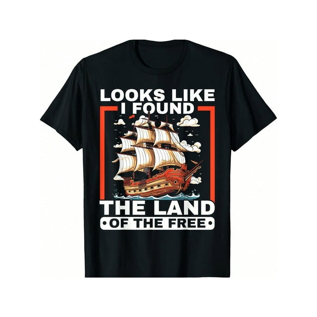 Christopher Columbus Italian Happy Columbus T-Shirt "LOOKS LIKE I FOUNF THE LAND OF THE " Graphic Tee Casual Crew Neck Short Sleeve, Machine Washabl, Daily Wear, All Season