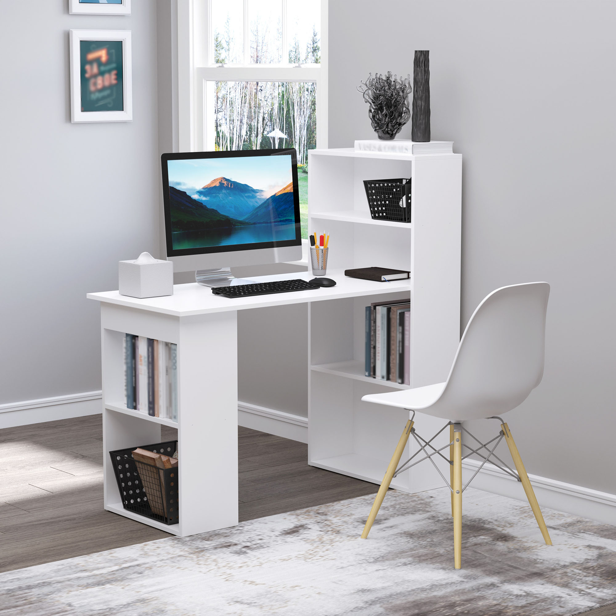 HOMCOM Modern Home Office Desk with 6-Tier Storage Shelves, 47" Writing Table with Bookshelf, White - image 2 of 9