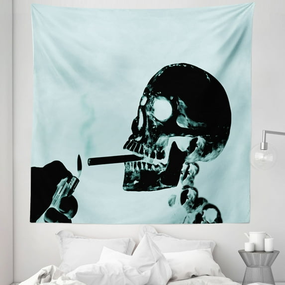 Skull Smoking Tapestry, X-ray Like Image of Skeleton and Killing Cigarettes Art Print, Fabric Wall Hanging Decor for Bedroom Living Room Dorm, 5 Sizes, Pale Blue Charcoal Grey, by Ambesonne