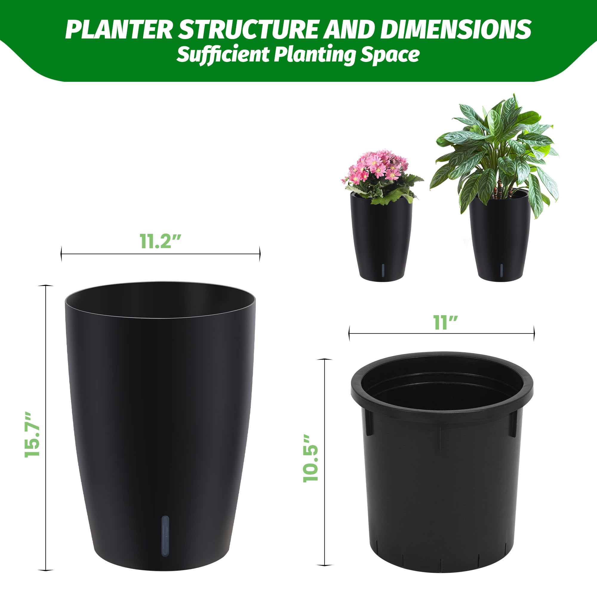 Large Planters with Built-In Drainage System and Water Level Monitor, Planter Set of 2, Self-Watering Flower Pots for Indoor and Outdoor Use, Perfect for Porch, Patio, Backyard