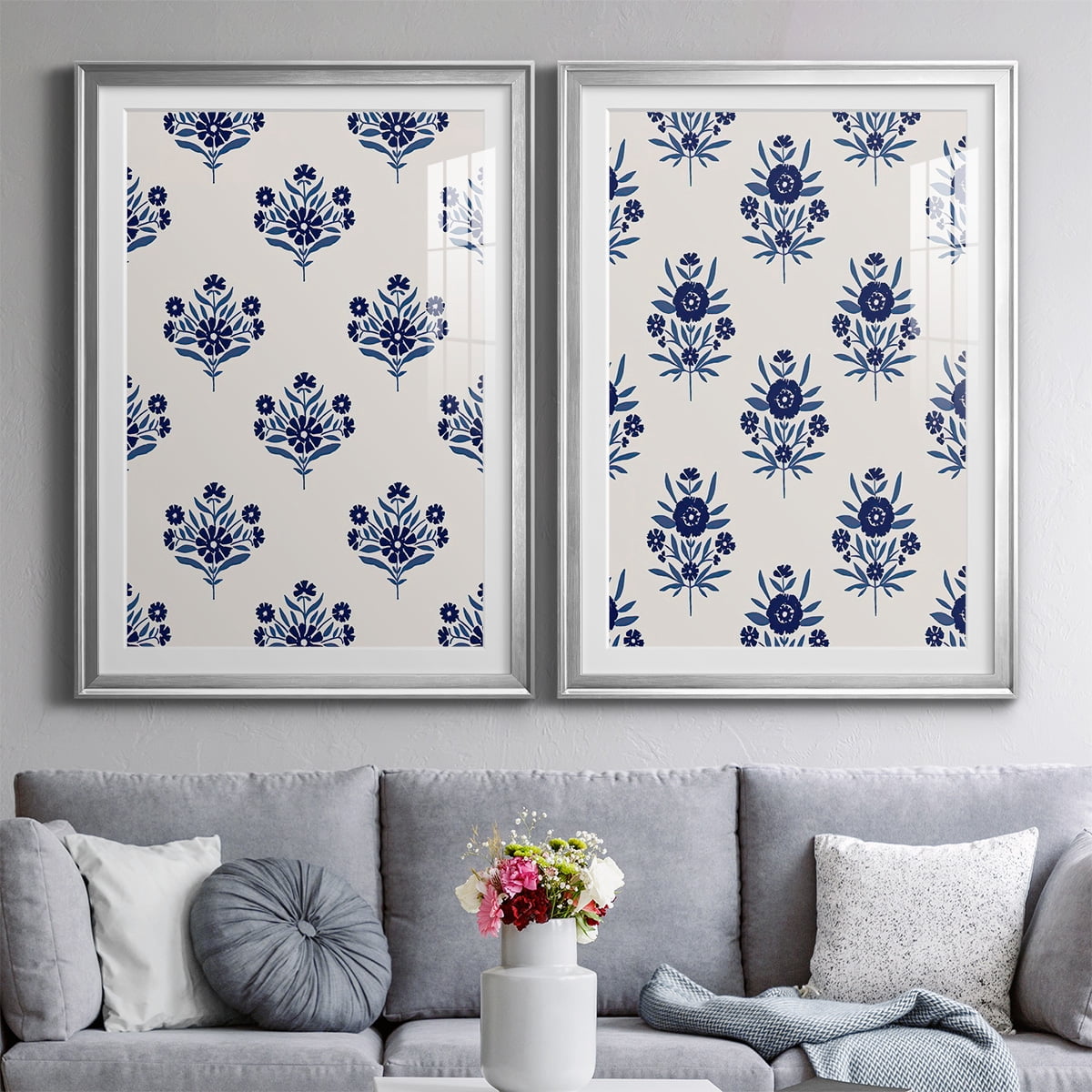 Wexford Home Indigo Bloom Pattern I Premium Framed Print, 30.5" x 42.5" - Ready to Hang, Silver (Set of 2)