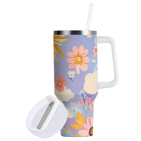 Yayeee 40oz Stainless Steel Tumbler with Straw and Handle Double-Wall Insulated Travel Water Bottle, Purple Clouds
