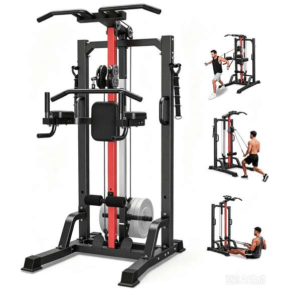 Lat Pulldown Machine, All-in-One Home Gym with Seated Row, High/Low Pulley, Leg Support – Heavy Duty Cable Tower for Back & Full Body Workouts