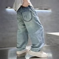 thumbnail image 6 of Boys Jeans Size 14 Elastic Waist Pull on Wide Leg Jeans Loose&nbsp;fit Solid Color Trousers Streetwear Boys Back To School Outfit, 6 of 6