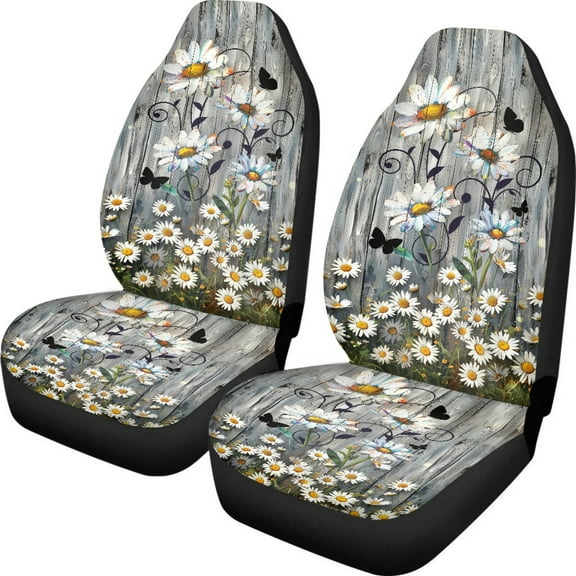 ZIATUBLE Daisy Wooden Auto Seat Cover Car 2 Pcs Butterfly High Bucket Seat Covers Vehicle Seat Protector for Front Seats Auto Interior Accessories Universal Seat Covers for Car SUV Trucks Sedan