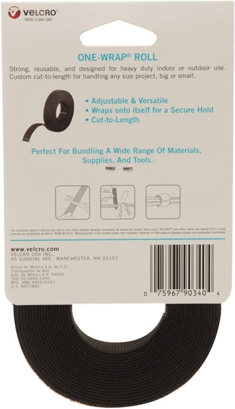 VELCRO Brand ONE-WRAP Cut-to-Length Roll, Wraps onto Itself 12ft x 3/4in  Black, 90340, 0.32 ounces