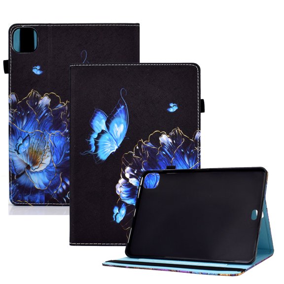 ELEHOLD Pattern Case for iPad Pro 11 inch 2024,Premium PU Leather Auto Wake/Sleep Case Folio Stand Flip Cover with Pen Holder & Card Slot for iPad Pro 11" 2024,Blue Flower