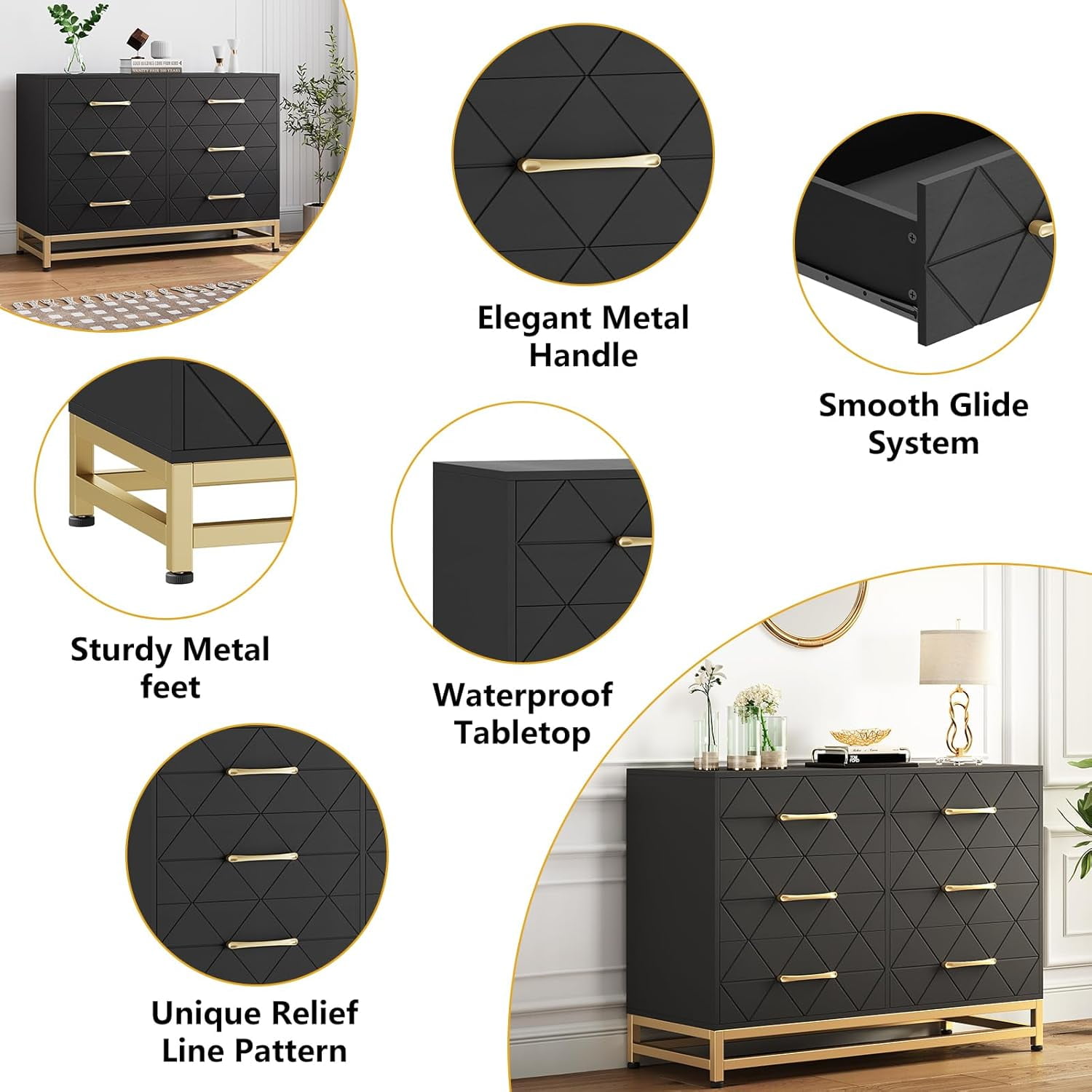 Twister.CK 6 Drawers Double Dresser for Bedroom, Chest of Drawers for Living Room Hallway Entryway, Black