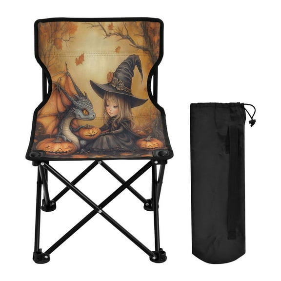 WOBOGO Little Witch and Her Dragon Camping Chair Convenient Four Corner Backrest Folding Stool Can Hold Up to 220lbs