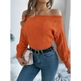 thumbnail image 4 of Womens Off the Shoulder Solid Cable Knitted Pullover Jumper Top Casual Long Sleeve Cropped Sweaters Orange Color L, 4 of 9