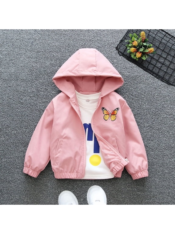 Toddler Kids Girls Zip Up Jackets Casual Long Sleeve Flash Butterfly Printed Hooded Coats for Girls 1-8 Years Old