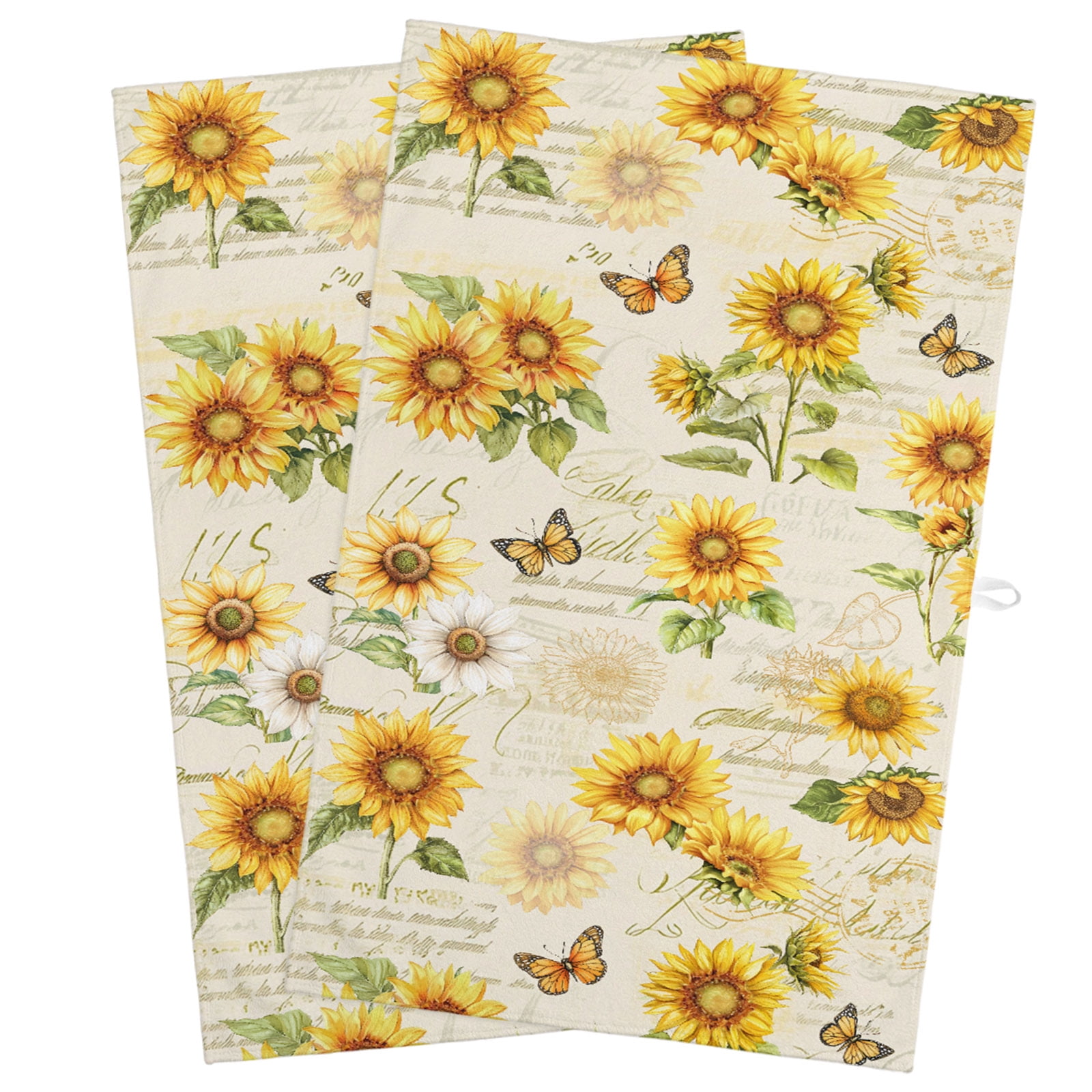 Kitchen Towels Farm Sunflower Plant Butterfly Dish Towels-2 Pack Highly Absorbent Tea Towel with Hanging Loop Vintage Stamp Letter Soft Hand Towels for Drying and Cleaning Dishes