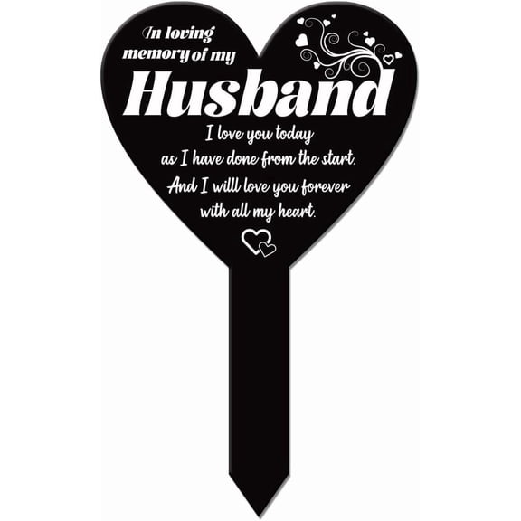 Black Heart Shaped Love Husband Garden Stake for Husband Memorial Remembrance Plaque Stake Cemetery Acrylic Waterproof Sympathy Garden Stakes for Yard Grave Cemetery
