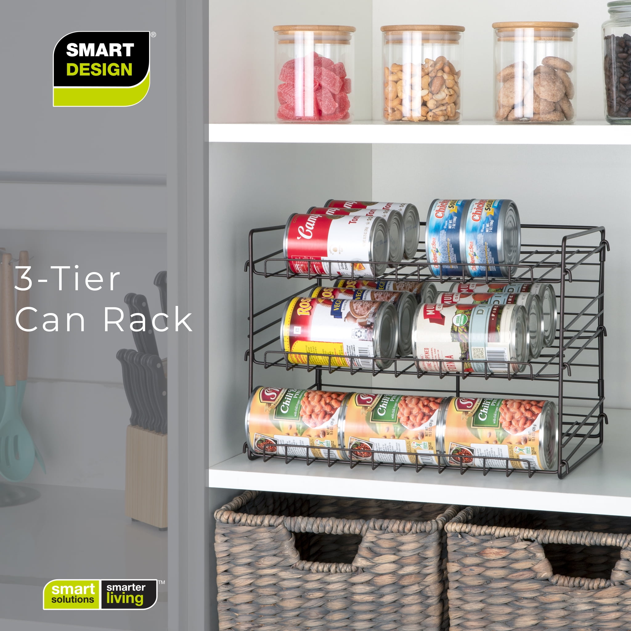 Smart Design 36 Can Organizer - Adjustable 3-Tier Rack - Pantry Canned  Goods Holder, Countertop, Cabinet, Fridge Storage Organization - White 