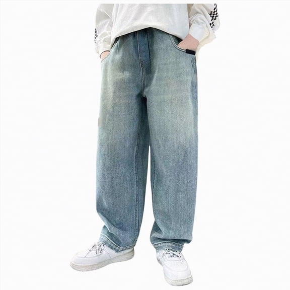 TOWED22 Boys Straight Leg Jeans Elastic Waistband Loose Denim Pants with Building Pattern for Kids Clothes Boys(Blue,5-6 Y)