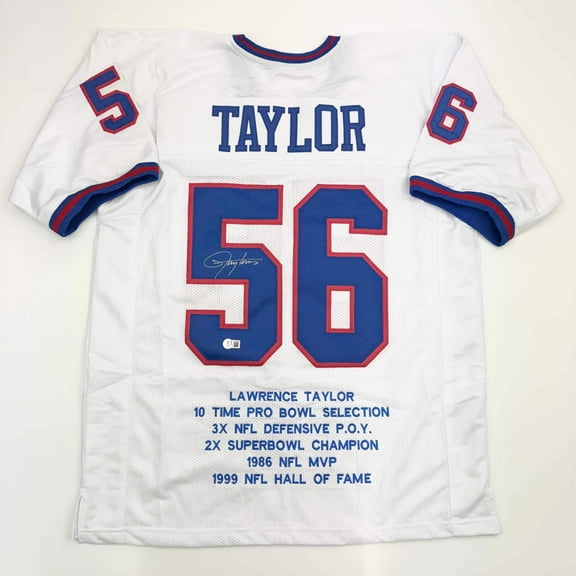 Autographed/Signed Lawrence Taylor New York White Stat Football Jersey Beckett BAS COA