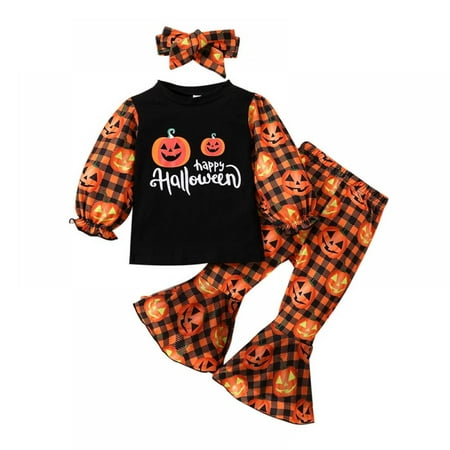 

SYNPOS Toddler Baby Girl Halloween Outfit Long Sleeve T-Shirt Tops Pumpkin Pants Headband 3PCS Set 3-4 Years