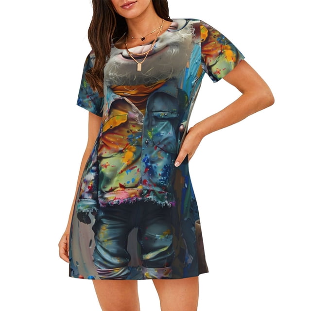 Disketp Whimsical Goat Artist para Camisón Corto de Manga Corta para Mujeres, Camisón Cómodo con Escote Redondo, Bonito y Confortable