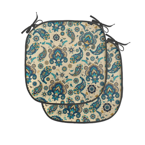 Paisley Chair Seating Cushion Set of 4, Colorful Vintage Floral Teardrop Oriental Paisley Retro Design, Seat Pads for Office with Anti-slip Backing, 16"x16", Yellow Blue Cream, by Ambesonne