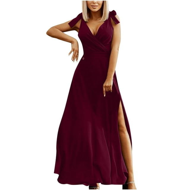 Robes d'Invités de Mariage Femmes Élégantes Sans Manches Solide V-Cou Mince Robe Maxi Split Robes de Retour