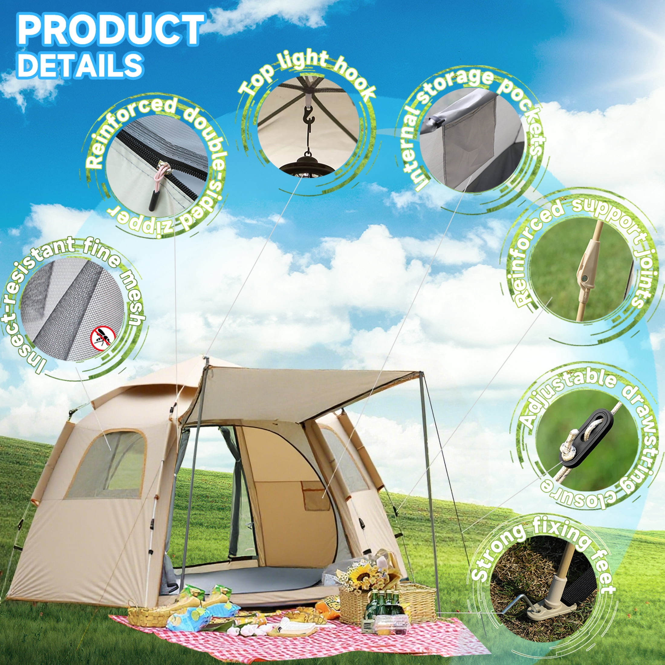 EZBY Tents for Camping,2-3 Person Instant Pop Up Camping Tent with Screen Porch,Removable Rainfly and Carry Bag for Camping Backpacking Hiking-Beige