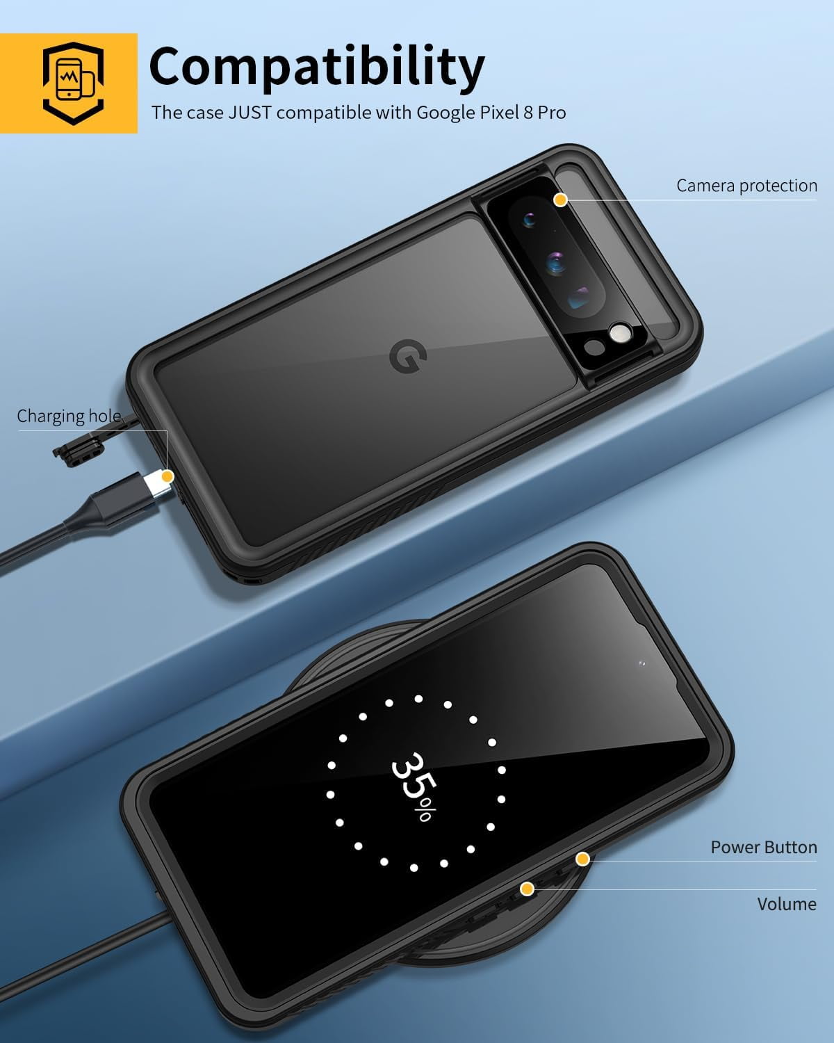 KOMI Pixel 8 Pro Case, IP68 Waterproof Dustproof Case with Built-in Screen Protector, Rugged Full Body Shockproof Protective Clear Cover for Google Pixel 8 Pro, Black
