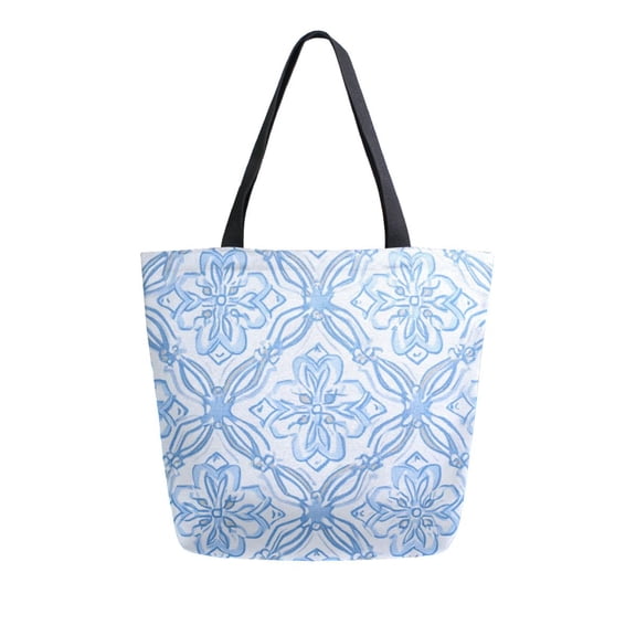 Open Top Canvas Tote Bag with Zipper Reusable Shopping Bag 13.5x15" Roomy Carryall Blue Elegant Geometric Design